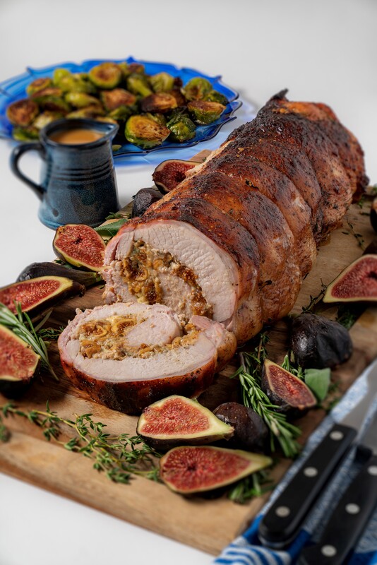 zStuffed pork loin with fresh figs, rosemary, and roasted Brussels sprouts — recipe by Food Color Spice